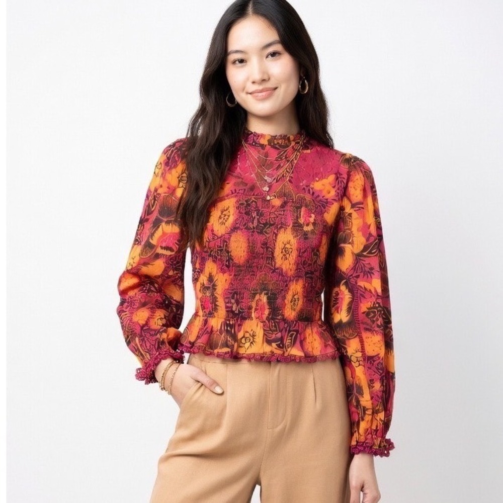 Farm Rio Garden Bloom Smocked Floral Peplum Blouse Pink Orange Long Sleeve Small